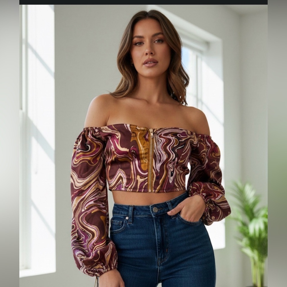 Elegant Off-Shoulder Swirl satin Crop Top